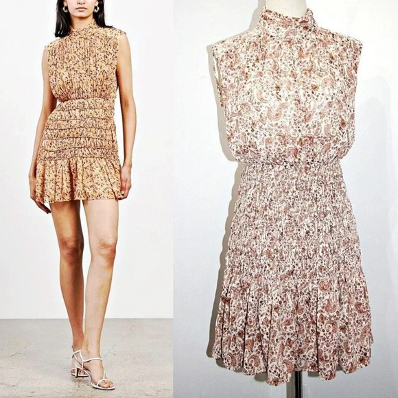 House of Harlow SHONA JOY Colette MockNeck Smocked Paisley Metallic Mini Dress L - Picture 1 of 9